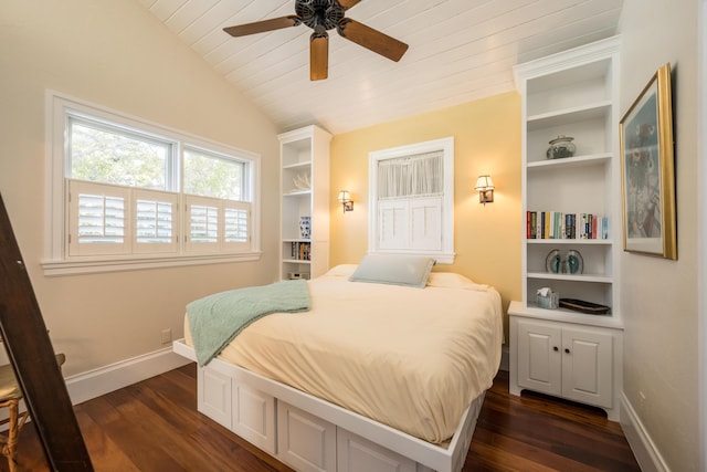 bedroom featuring wood ceiling, dark wood-type flooring, ceiling fan, and vaulted ceiling