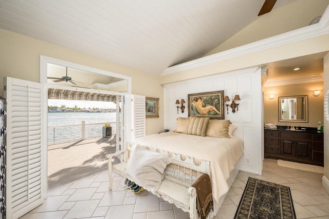 bedroom featuring lofted ceiling, a water view, light tile patterned floors, access to outside, and ornamental molding