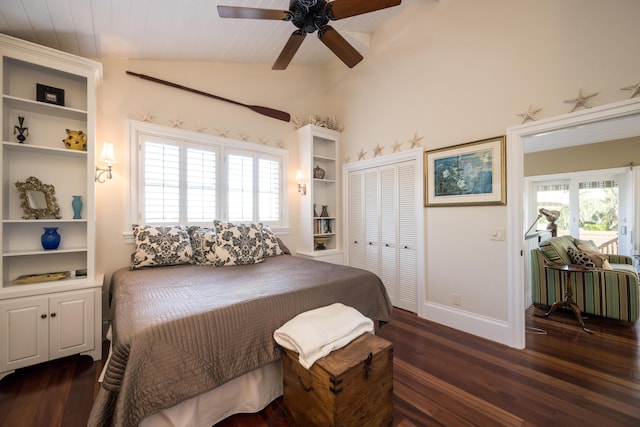 bedroom with multiple windows, dark wood-type flooring, a closet, and vaulted ceiling