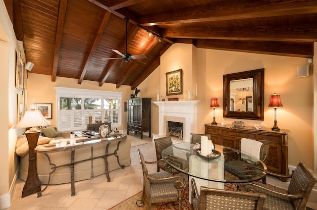 living area with high vaulted ceiling, beam ceiling, wooden ceiling, and ceiling fan