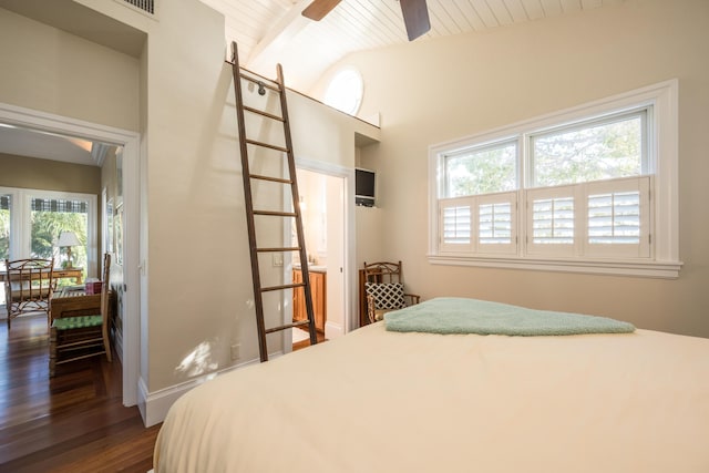 bedroom with dark wood-type flooring, lofted ceiling, and wood ceiling