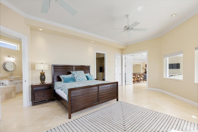 bedroom featuring ornamental molding, ensuite bathroom, and ceiling fan