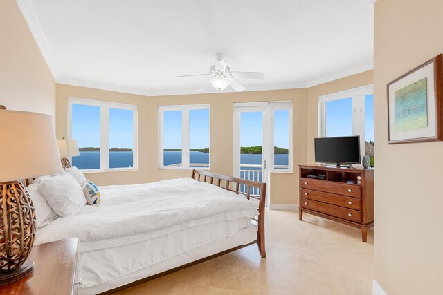 bedroom with a water view, ceiling fan, and ornamental molding