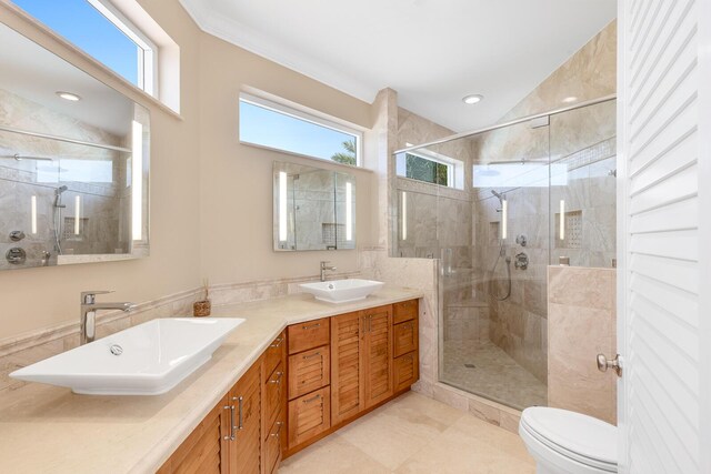 bathroom with vanity, toilet, and a shower with door