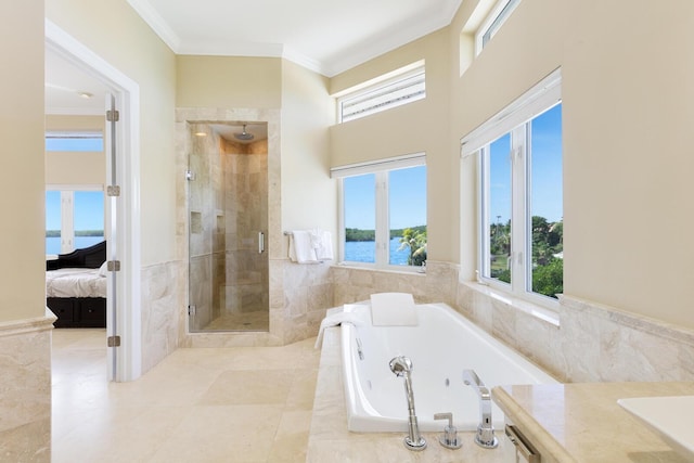 bathroom featuring vanity, ornamental molding, independent shower and bath, and a water view