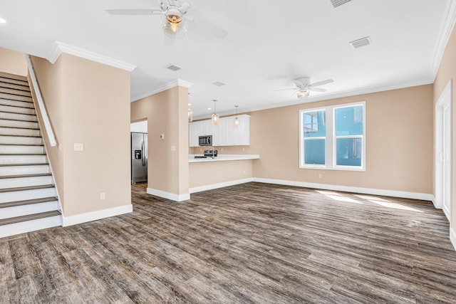 unfurnished living room featuring dark wood-style floors, visible vents, ceiling fan, baseboards, and stairs