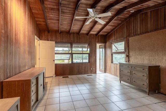 interior space featuring lofted ceiling with beams, ceiling fan, and wood ceiling