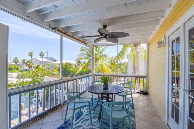 balcony featuring ceiling fan and a water view