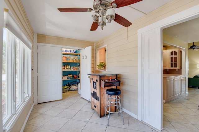 interior space featuring wood walls, light tile patterned floors, and a wealth of natural light