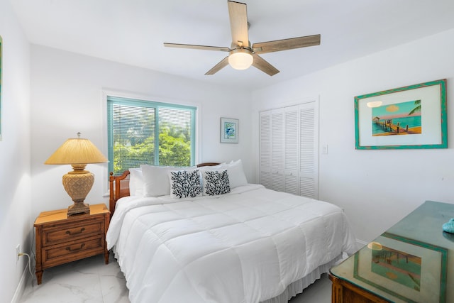 bedroom with ceiling fan and a closet