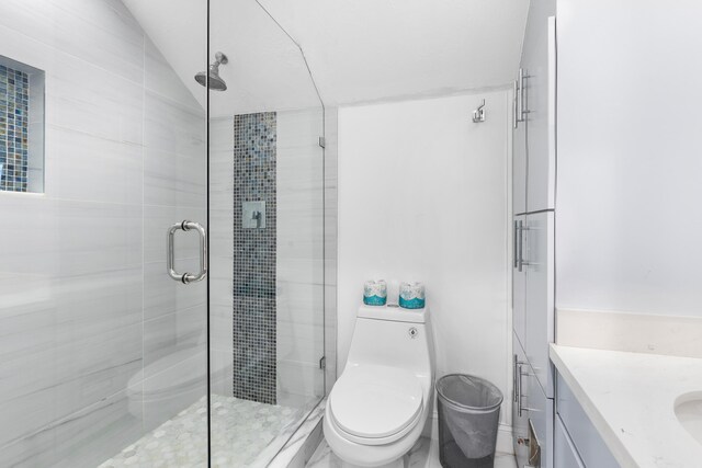 bathroom with walk in shower, vanity, toilet, and vaulted ceiling