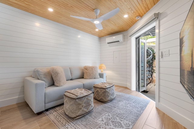 1511 S Street, Key West, FL 33040 - living room featuring a wall unit AC, wood ceiling, wooden walls, recessed lighting, and light wood-style flooring