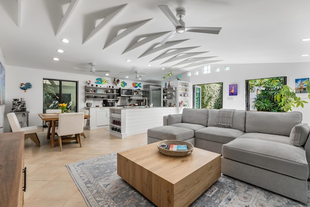 1511 S Street, Key West, FL 33040 - living area featuring ceiling fan, lofted ceiling, recessed lighting, and light tile patterned floors