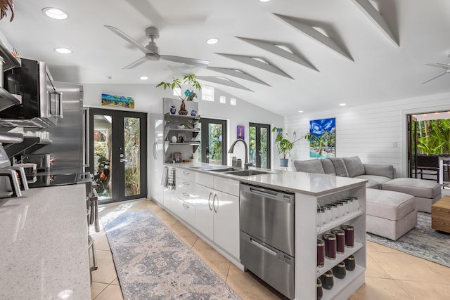 1511 S Street, Key West, FL 33040 - kitchen featuring open shelves, stainless steel appliances, ceiling fan, white cabinets, and light tile patterned floors