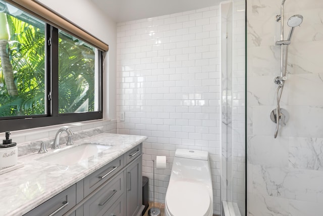 1511 S Street, Key West, FL 33040 - bathroom featuring healthy amount of natural light, vanity, a marble finish shower, toilet, and tile walls