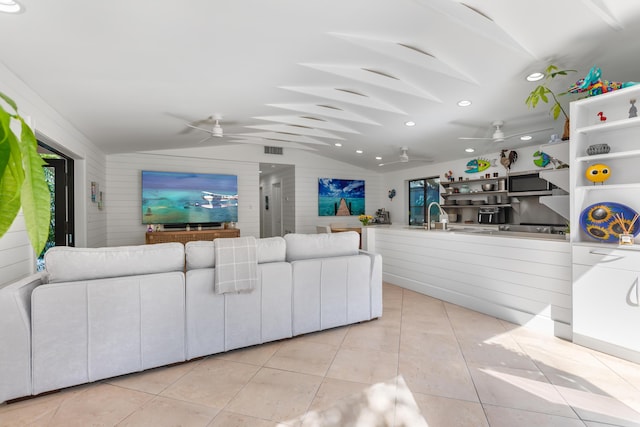 1511 S Street, Key West, FL 33040 - living room featuring vaulted ceiling, a ceiling fan, light tile patterned flooring, and recessed lighting