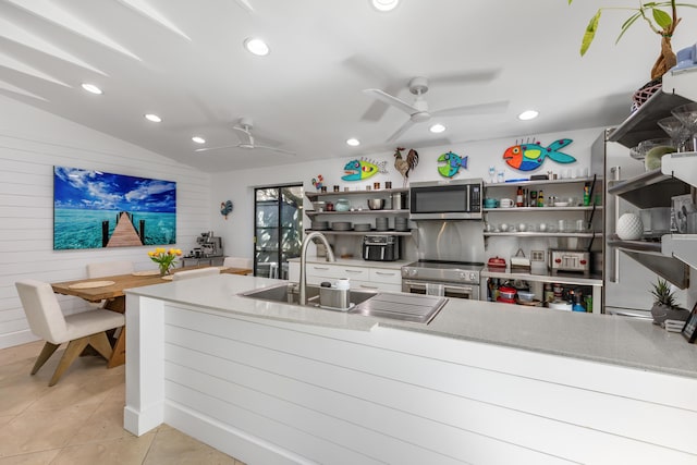 1511 S Street, Key West, FL 33040 - kitchen with stainless steel appliances, a ceiling fan, recessed lighting, open shelves, and a sink