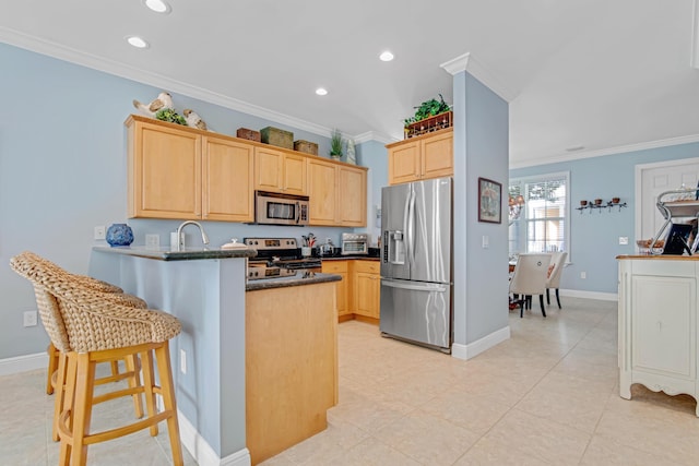 144 Anglers Way, Islamorada, FL 33036 - kitchen with stainless steel appliances, light brown cabinets, crown molding, a peninsula, and recessed lighting