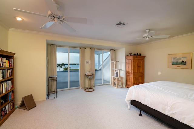 81250 Overseas Hwy Unit 2, Islamorada, FL 33036 - bedroom with carpet, access to exterior, ornamental molding, and a ceiling fan