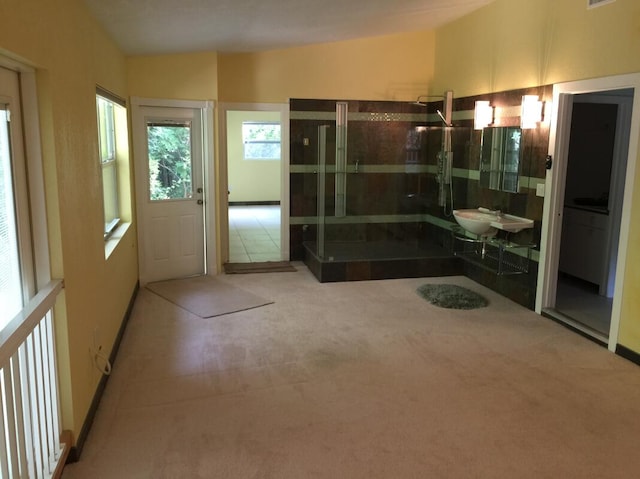 interior space featuring vaulted ceiling and carpet floors