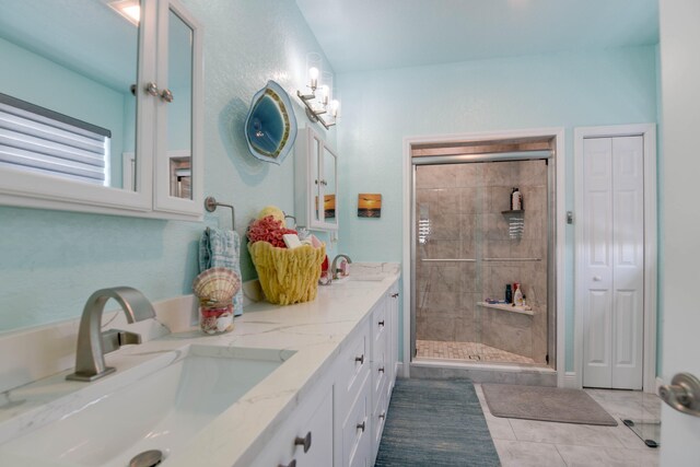 bathroom with tile patterned floors, vanity, and an enclosed shower