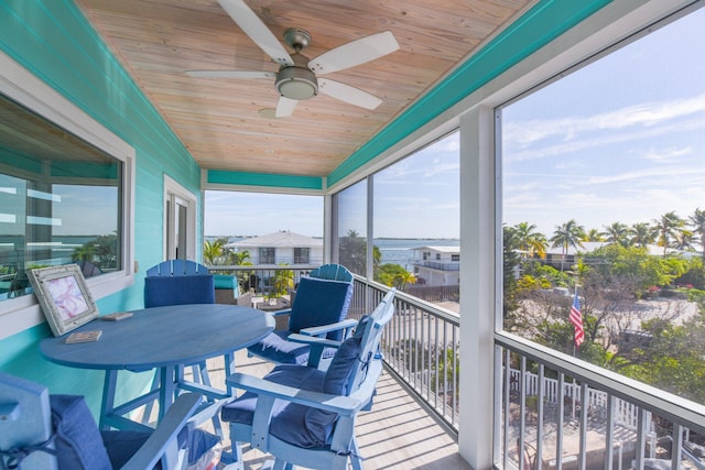 sunroom with ceiling fan and wooden ceiling