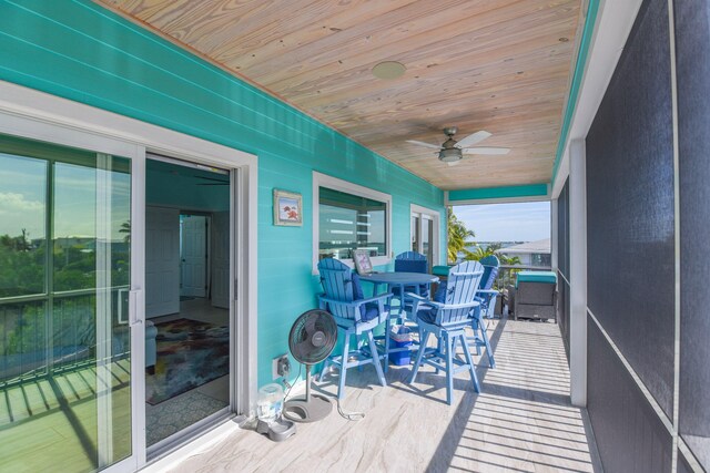 sunroom with wood ceiling and ceiling fan