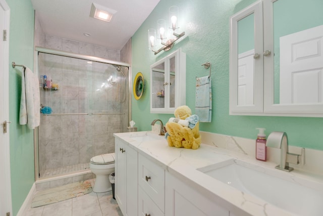 bathroom with tile patterned floors, toilet, an enclosed shower, and vanity