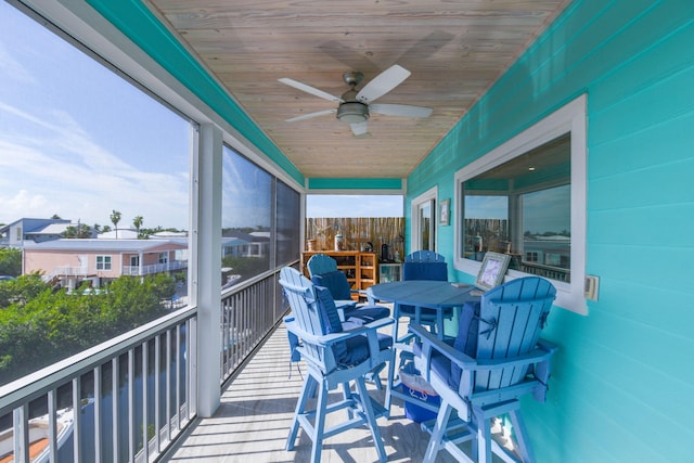 sunroom featuring wooden ceiling and ceiling fan