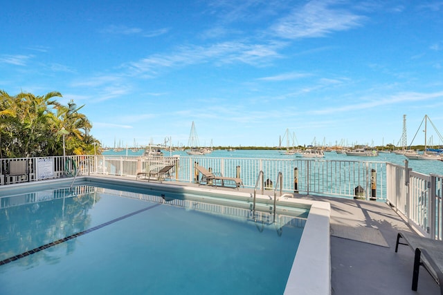 view of pool featuring a water view