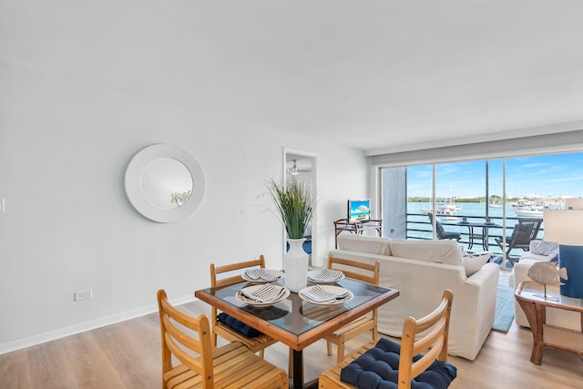 dining space with light hardwood / wood-style floors