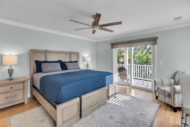 bedroom with access to exterior, ornamental molding, ceiling fan, and light wood-type flooring