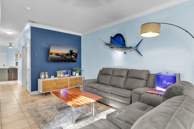 tiled living room with crown molding