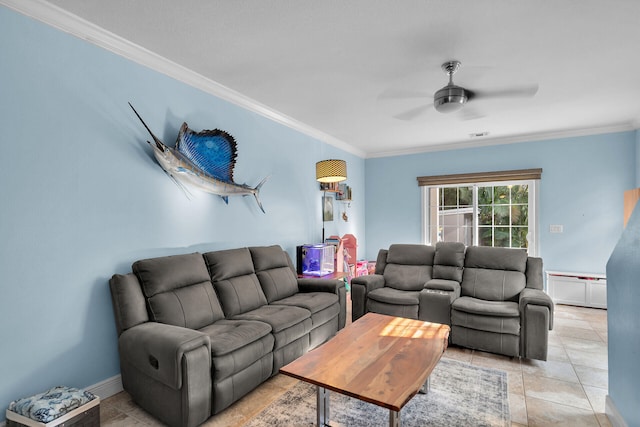 tiled living room with ornamental molding and ceiling fan