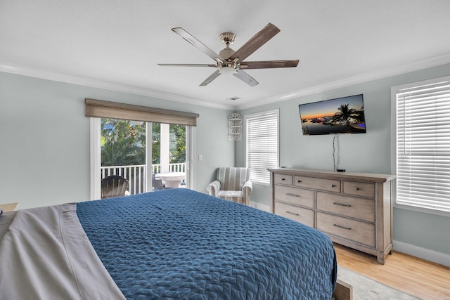 bedroom featuring access to exterior, ornamental molding, light hardwood / wood-style floors, and ceiling fan