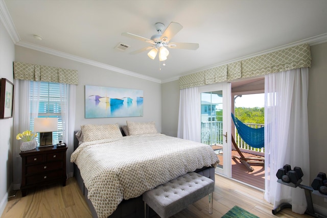 bedroom with crown molding, access to outside, ceiling fan, and light wood-type flooring