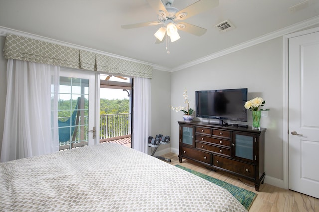 bedroom featuring crown molding, ceiling fan, access to exterior, and light hardwood / wood-style floors