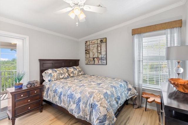 bedroom featuring ornamental molding, ceiling fan, and light hardwood / wood-style flooring