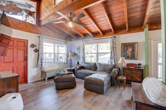 living room featuring wood ceiling, lofted ceiling with beams, light hardwood / wood-style floors, and ceiling fan