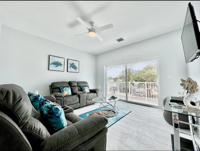 1021 82nd St, Marathon, FL 33050 - living area with visible vents, light wood-style flooring, and a ceiling fan