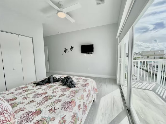 1021 82nd St, Marathon, FL 33050 - bedroom featuring access to exterior, visible vents, ceiling fan, baseboards, and a closet