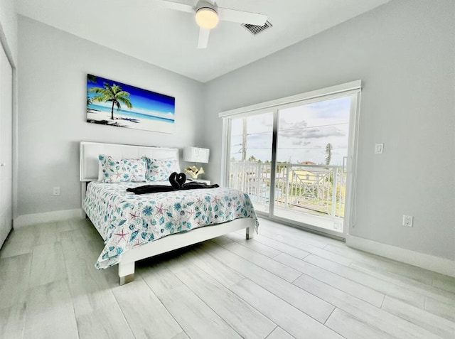1021 82nd St, Marathon, FL 33050 - bedroom featuring visible vents, access to exterior, wood finished floors, baseboards, and ceiling fan