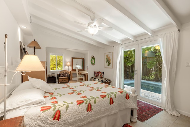 bedroom with french doors, vaulted ceiling with beams, light tile patterned floors, ceiling fan, and access to exterior