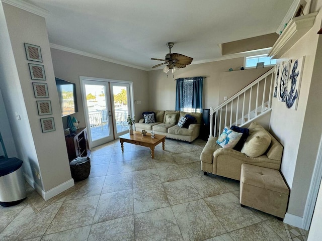 living area with baseboards, a ceiling fan, stairway, crown molding, and french doors