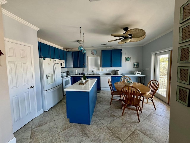 kitchen featuring light countertops, white appliances, blue cabinetry, and crown molding