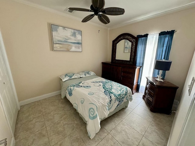 bedroom with a ceiling fan, visible vents, crown molding, and baseboards