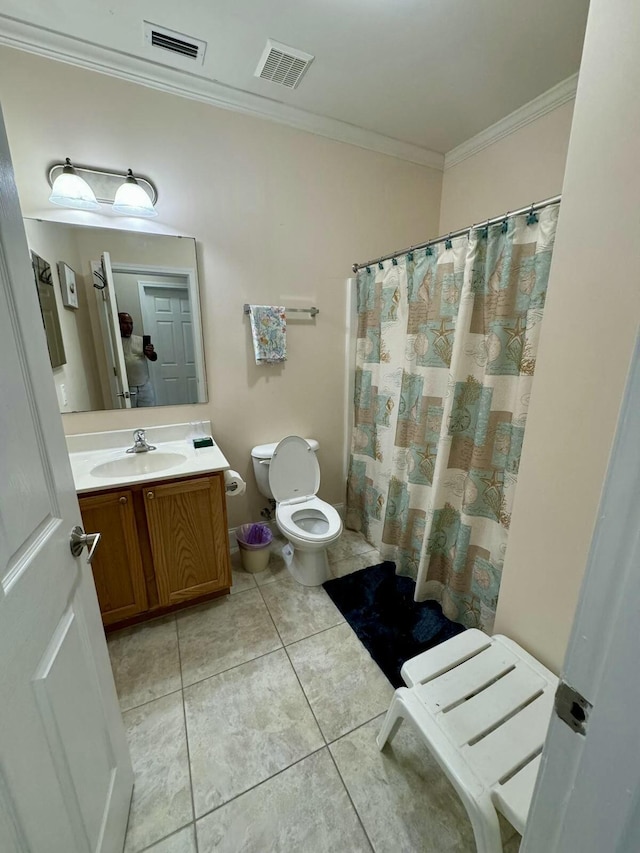 full bath featuring toilet, ornamental molding, tile patterned flooring, and visible vents