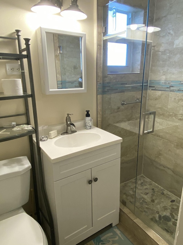 bathroom with toilet, vanity, and walk in shower