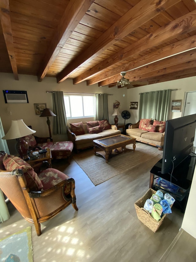 living room with hardwood / wood-style flooring, beam ceiling, and wooden ceiling