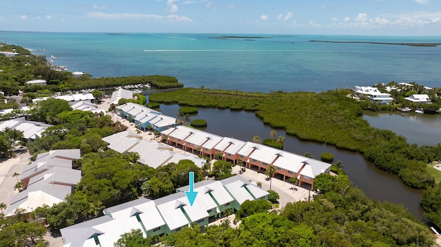 drone / aerial view featuring a water view